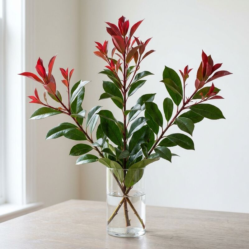 Steli recisi di Fotinia (Red Robin) (Photinia × fraseri 'Red Robin', P. serratifolia) in un vaso di vetro