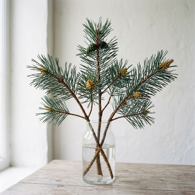 ガラスの花瓶に生けたマツ(Pinus)