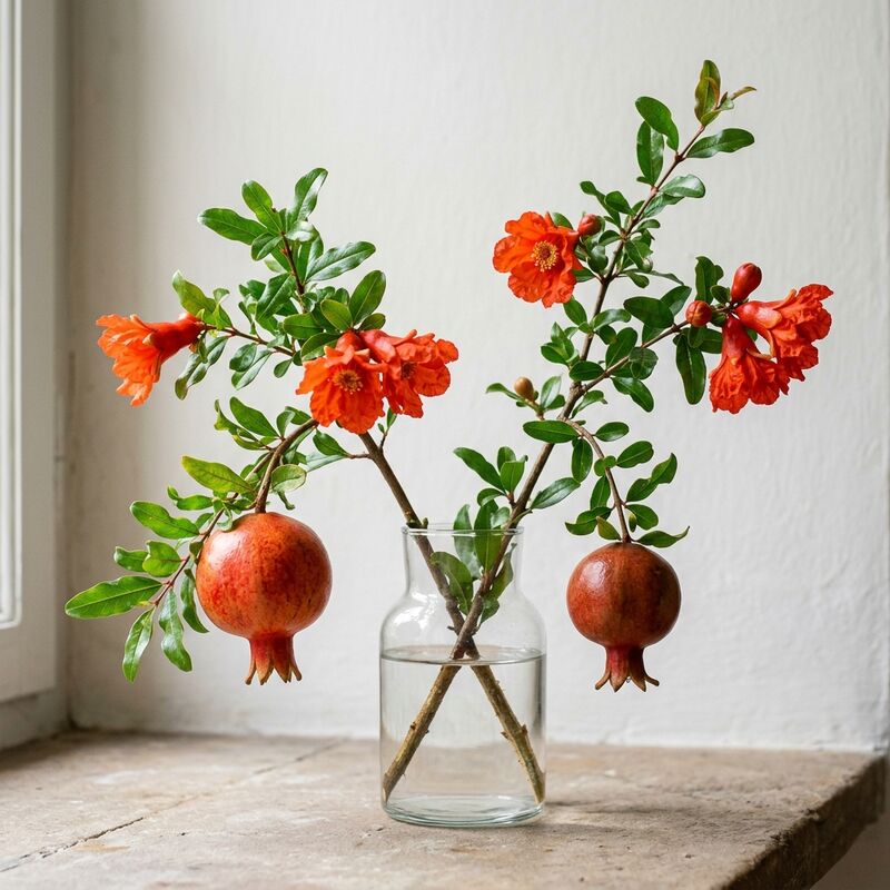 Steli recisi di Melograno (Punica granatum) in un vaso di vetro