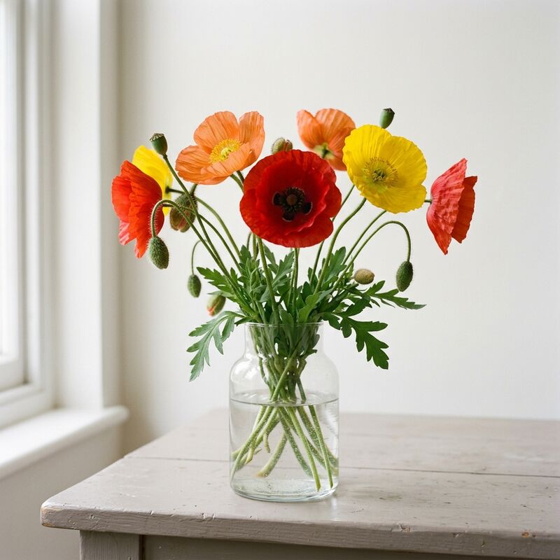 ガラスの花瓶に生けたポピー（Papaver nudicaule, P. rhoeas）