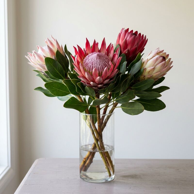 ガラスの花瓶に生けたプロテア(キングプロテア)(Protea cynaroides)