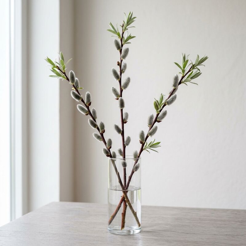 ガラスの花瓶に生けたネコヤナギ（Salix gracilistyla）