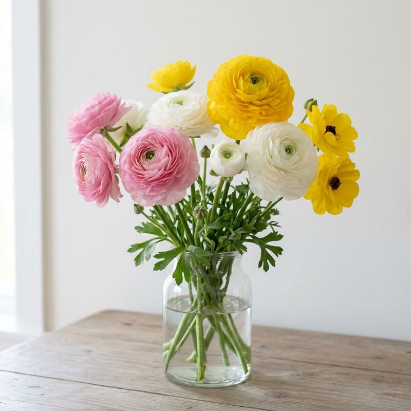 ガラスの花瓶に生けたラナンキュラス(Ranunculus asiaticus)