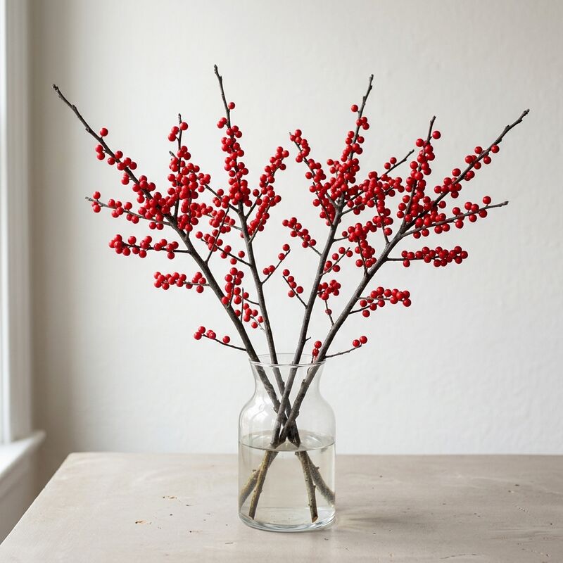 ガラスの花瓶に生けたウィンターベリー(ウメモドキの仲間)(Ilex verticillata)