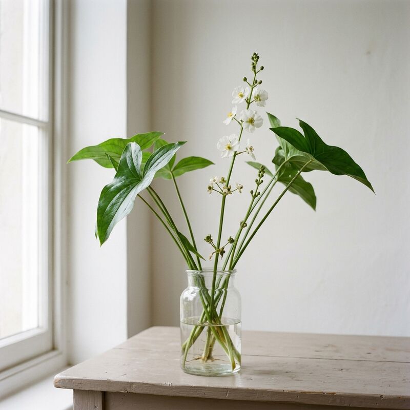 Steli recisi di Sagittaria (Sagittaria trifolia) in un vaso di vetro