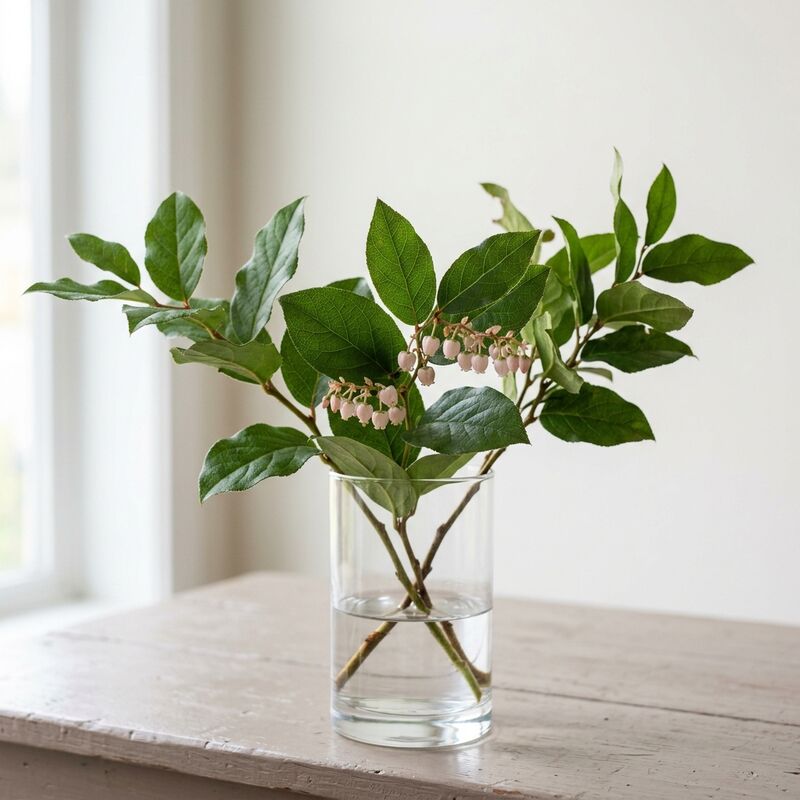 유리 꽃병에 꽂은 레몬잎(살랄)(Gaultheria shallon)