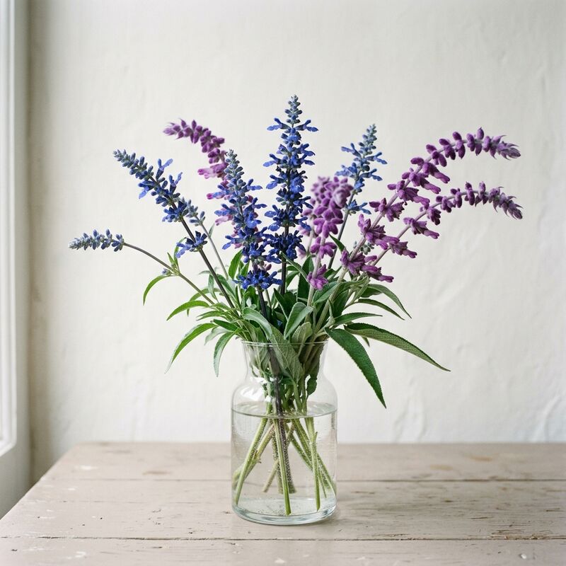 유리 꽃병에 꽂은 샐비어(Salvia farinacea, S. leucantha)