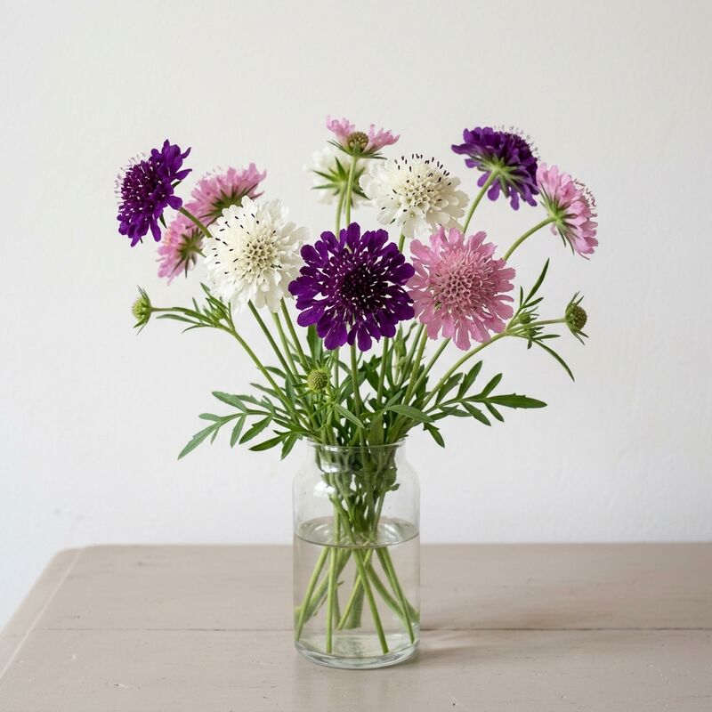 ガラスの花瓶に生けたスカビオサ（Scabiosa atropurpurea, S. caucasica）
