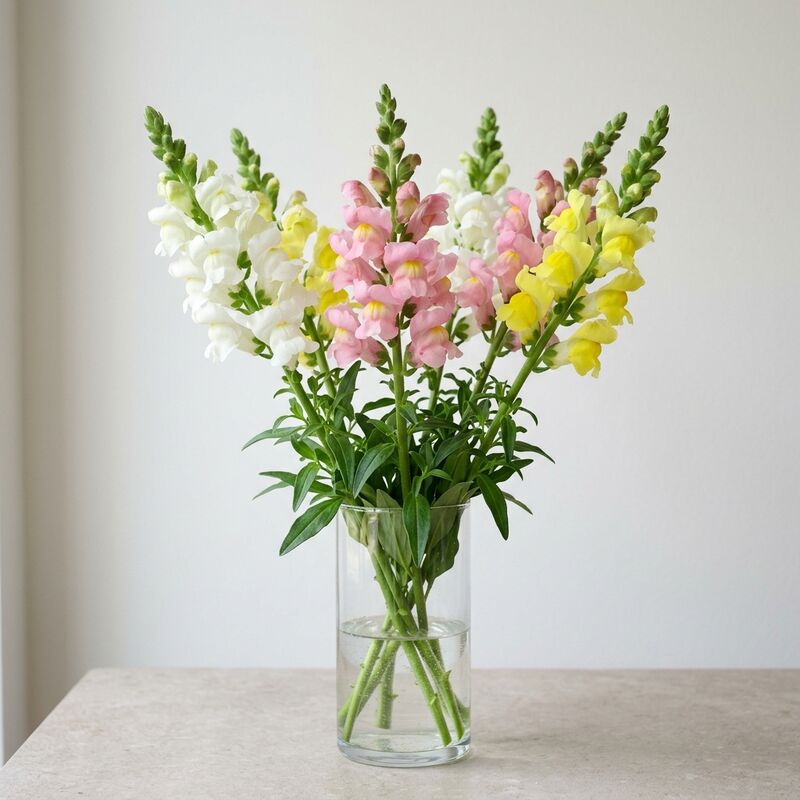 유리 꽃병에 꽂은 금어초(Antirrhinum majus)