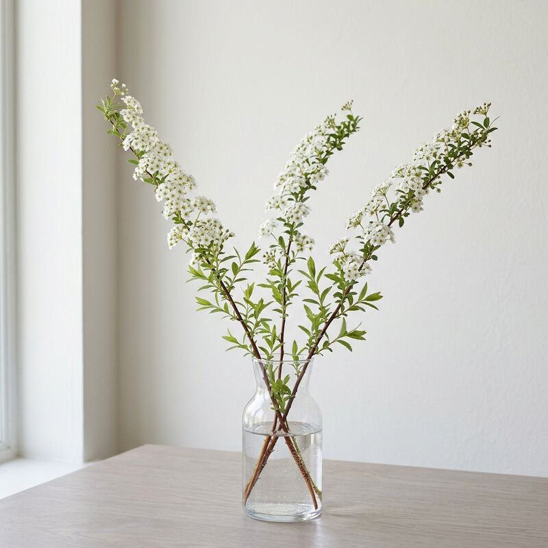 ガラスの花瓶に生けたユキヤナギ(Spiraea thunbergii)