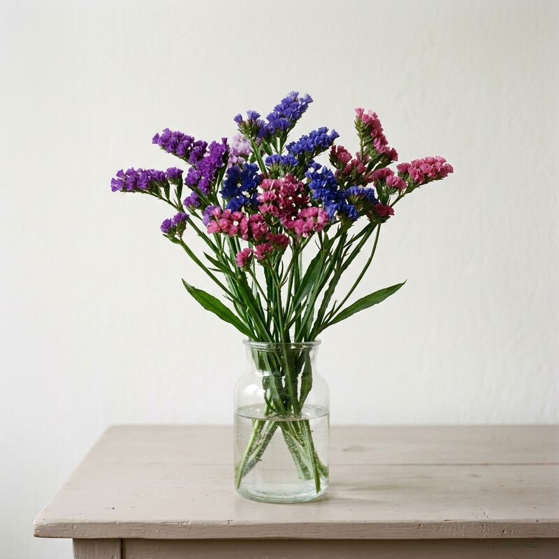 ガラスの花瓶に生けたスターチス(Limonium sinuatum)