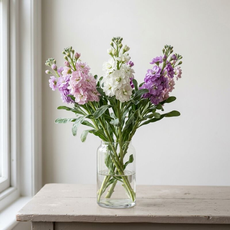 ガラスの花瓶に生けたストック(Matthiola incana)
