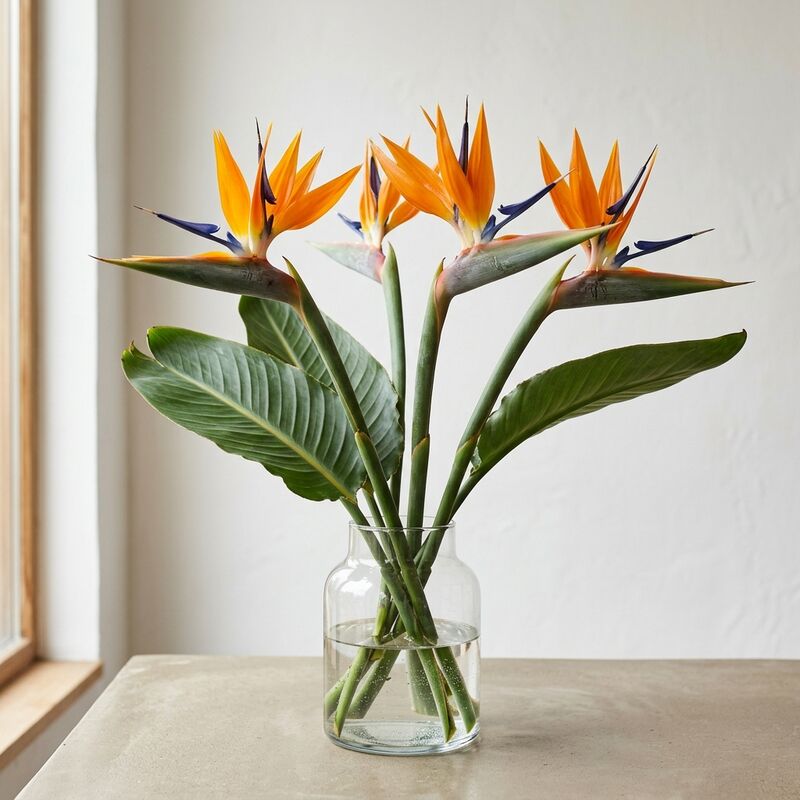유리 꽃병에 꽂은 극락조화(Strelitzia reginae)