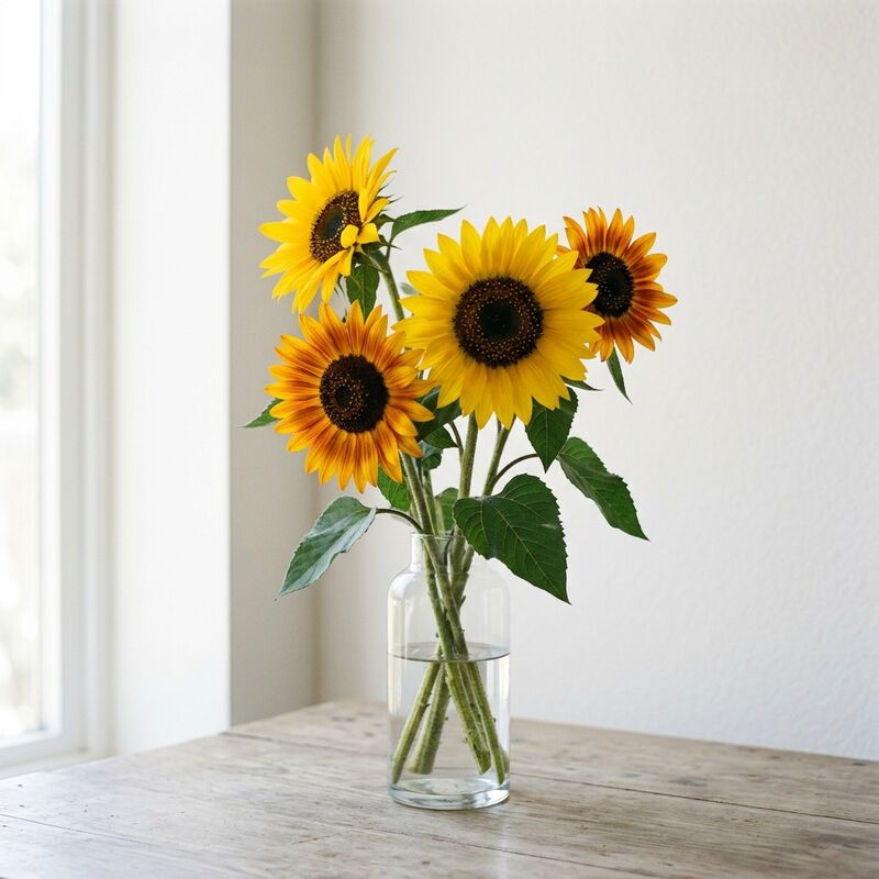 ガラスの花瓶に生けたヒマワリ(Helianthus annuus)