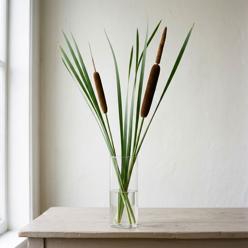 Steli recisi di Tifa (stiancia) (Typha angustifolia, T. orientalis) in un vaso di vetro