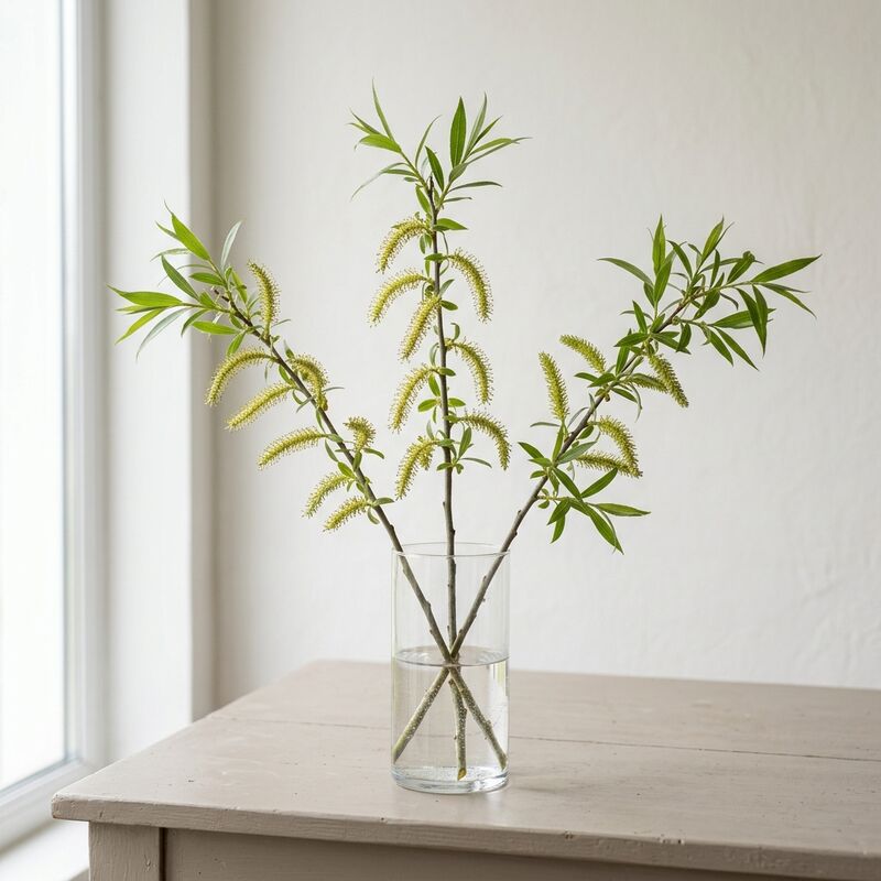 ガラスの花瓶に生けたヤナギ(Salix babylonica, S. matsudana)