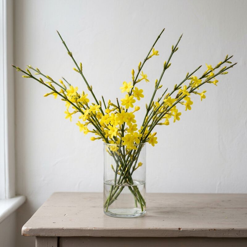 Steli recisi di Gelsomino d’inverno (Jasminum nudiflorum) in un vaso di vetro