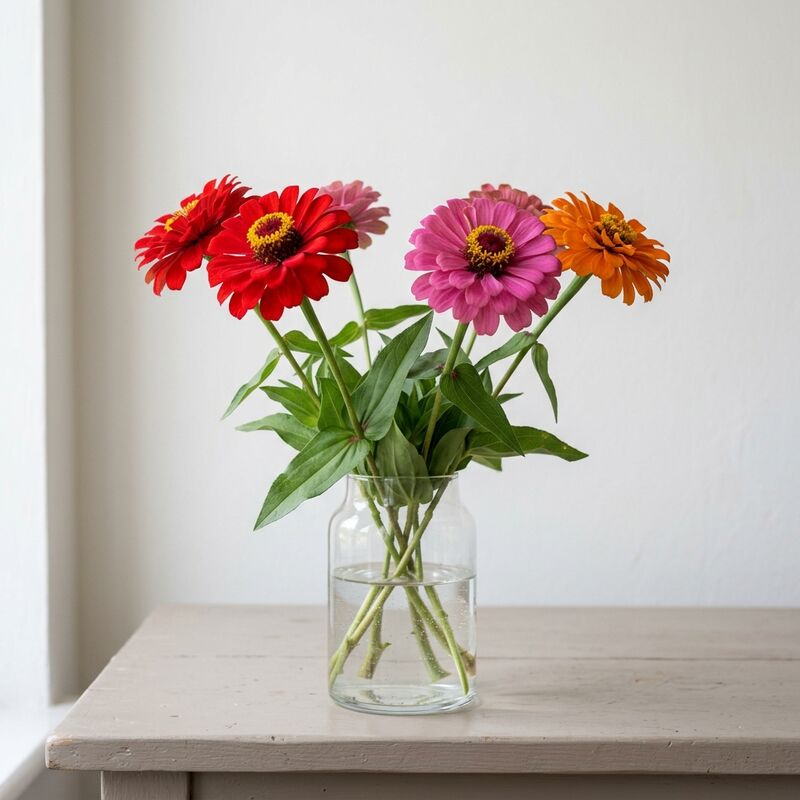 ガラスの花瓶に生けたジニア（ヒャクニチソウ）（Zinnia elegans）